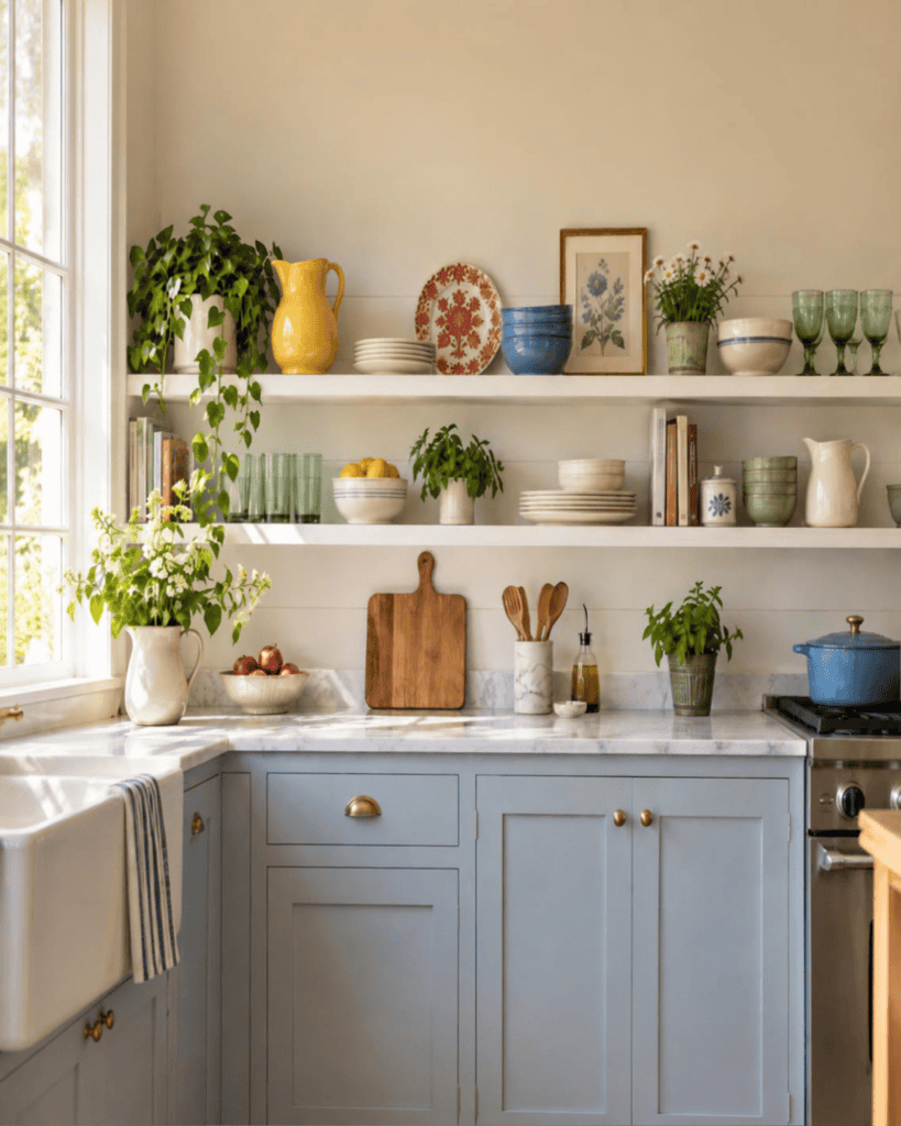 Vintage kitchen shelf decor ideas with butter yellow pottery, faded blue bowls, red patterned dishes, green glassware, and cream ceramics.