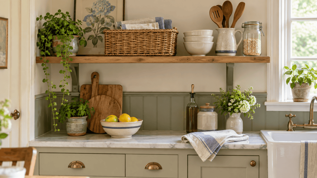 Vintage kitchen shelf storage with a woven basket, folded linens, cream bowls, stoneware pitcher, wooden utensils, and glass jar.