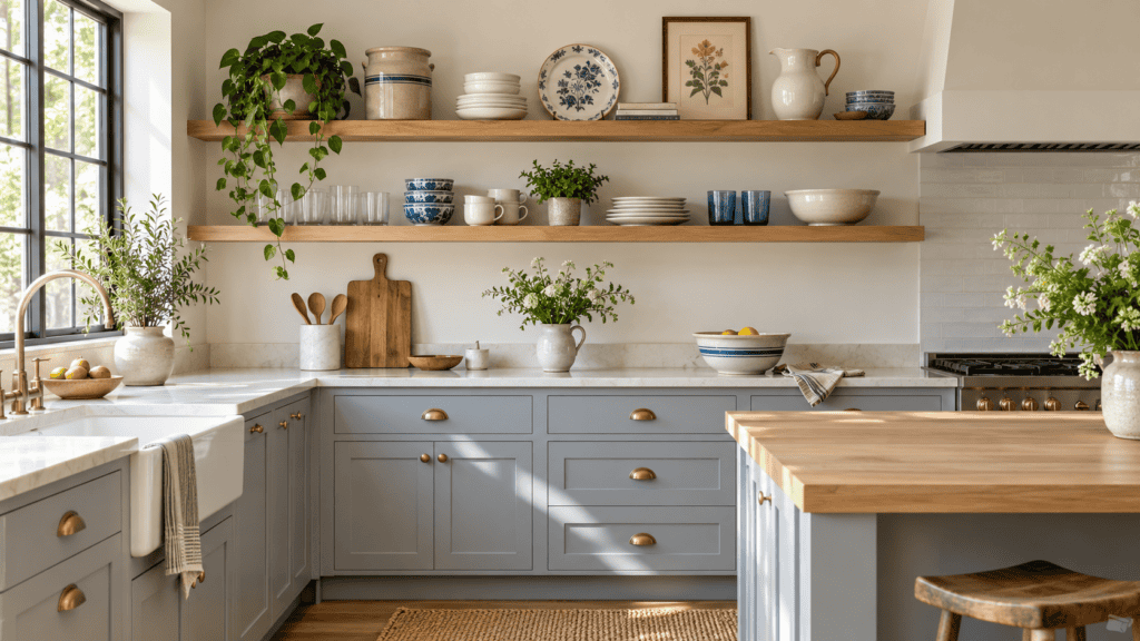 A modern food eating with blue and cream dishes, pottery, open wood display areas, and soft blue-gray cabinets.