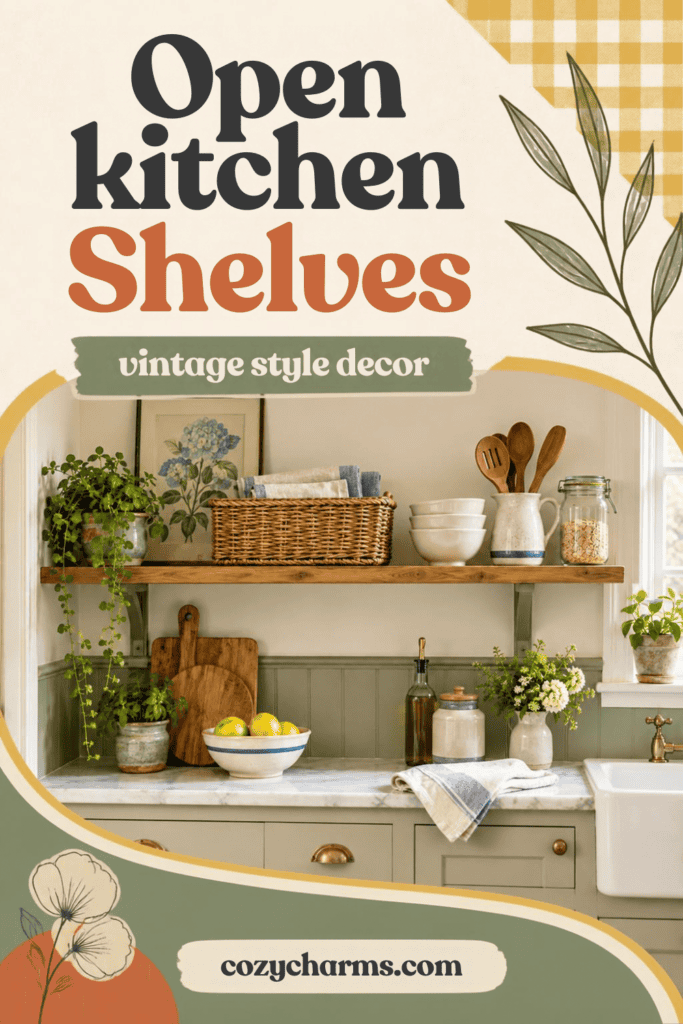 A retro style pinterest pin of open style wood holding spaces instead of cabinets.