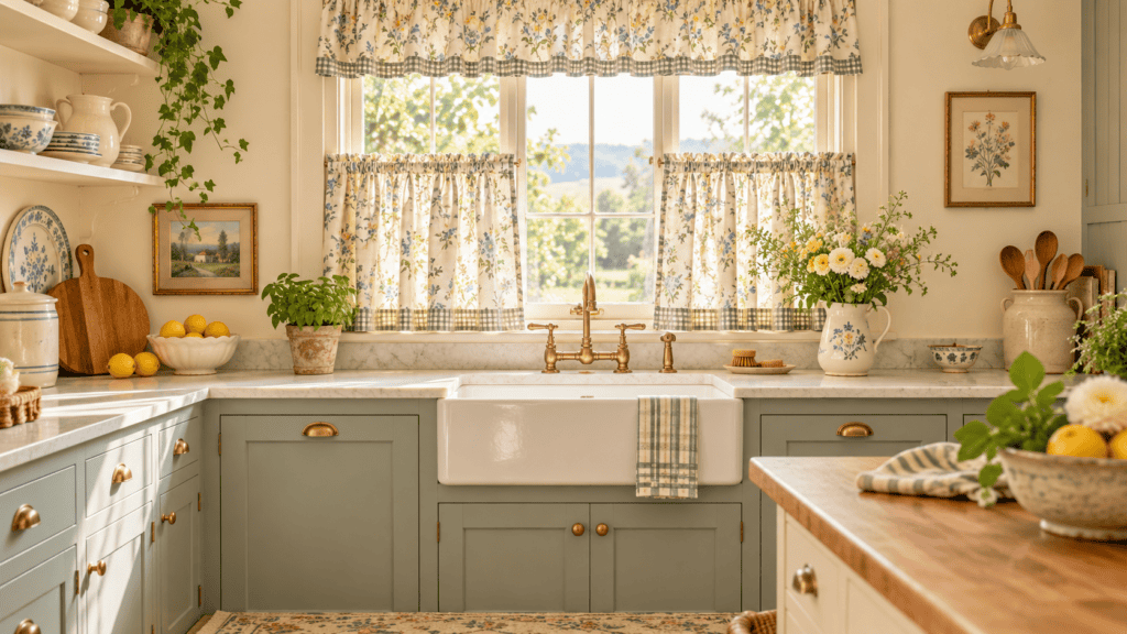 Vintage kitchen curtains with soft floral café panels above a farmhouse sink in a bright sage green cottage kitchen.
