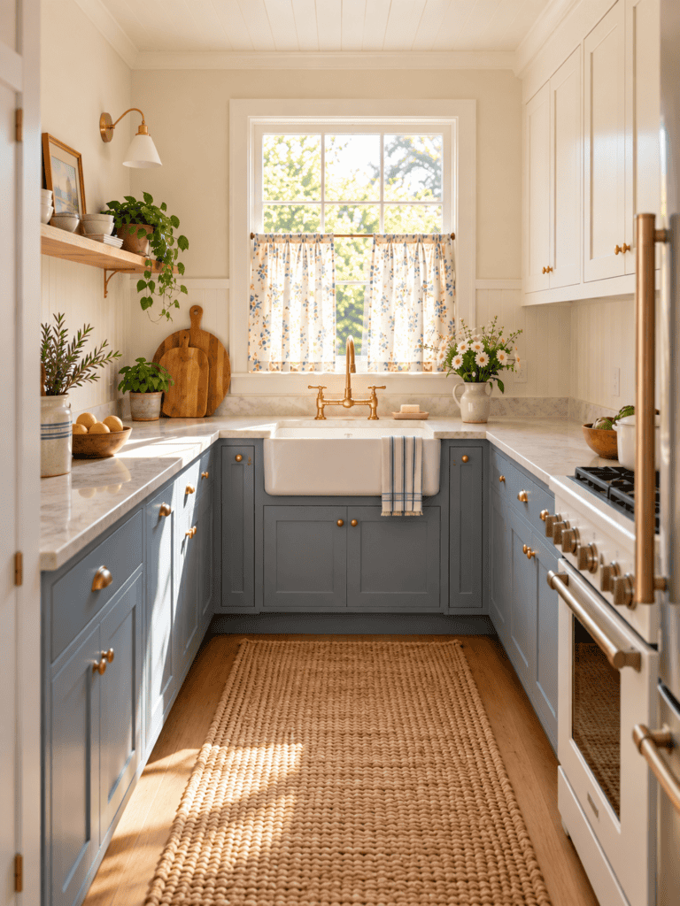 Vintage kitchen curtains over the sink with soft floral café panels in a bright blue and cream cottage kitchen.
