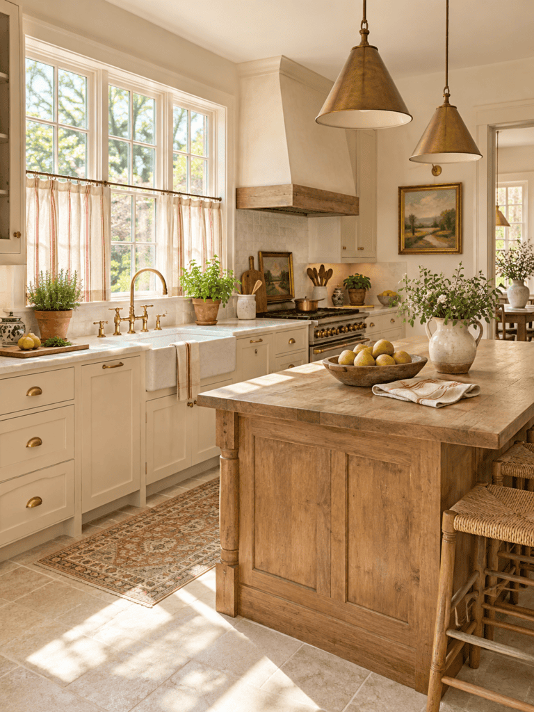 French country kitchen curtains with faded red stripes in a warm cream kitchen with a natural wood island.