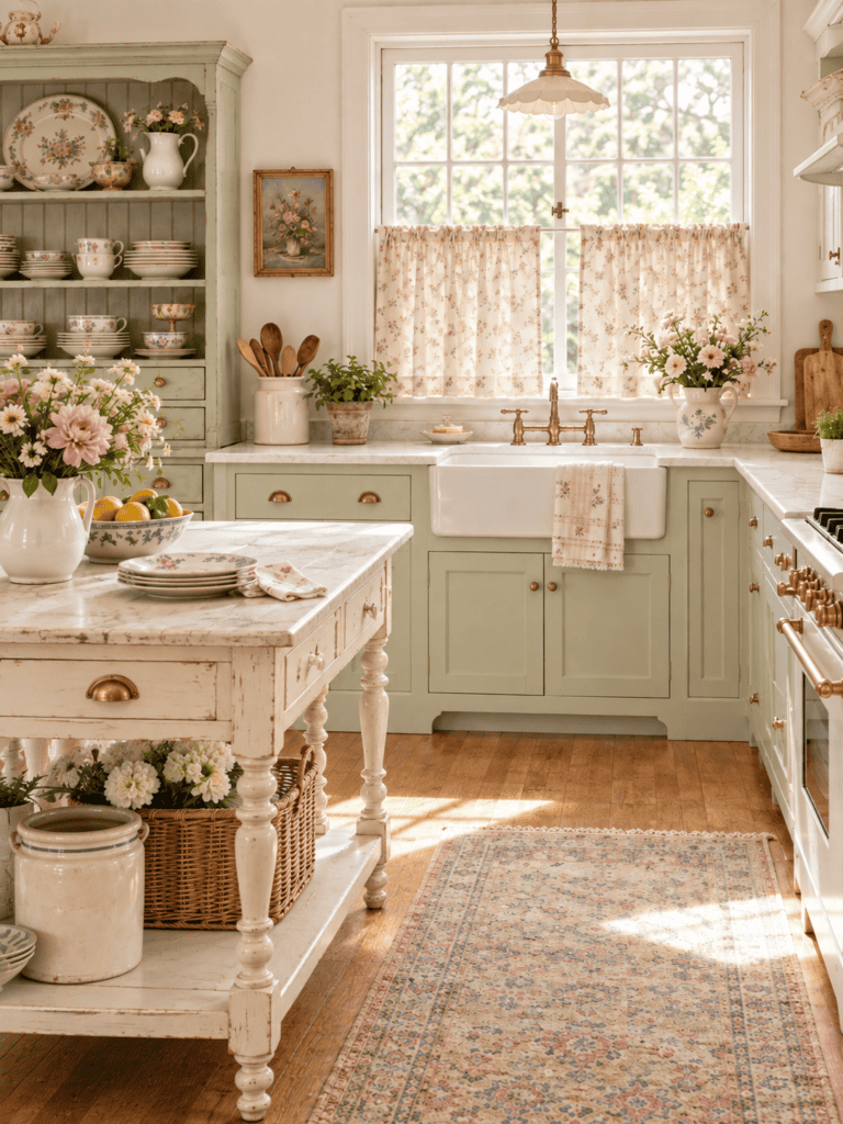 Shabby chic kitchen curtains with a soft floral pattern in a bright cream and pale sage cottage kitchen.