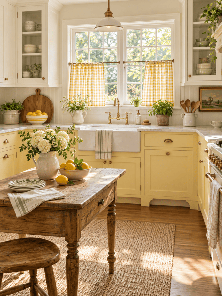 Vintage kitchen curtains in butter yellow gingham with yellow cabinets and a rustic wood worktable.