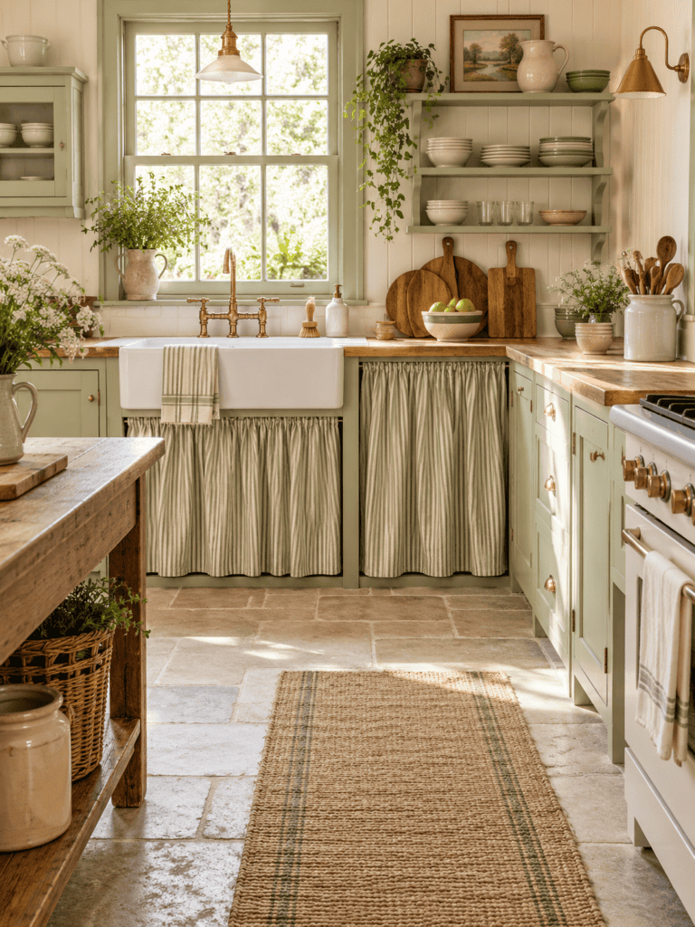Kitchen cabinet curtains in soft sage ticking stripe beneath a farmhouse sink in a bright vintage-inspired cottage kitchen.