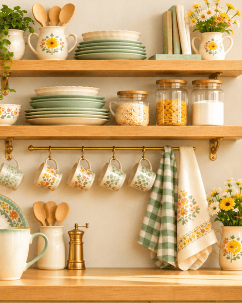Open wooden kitchen shelves displaying floral ceramic mugs, sage green plates, glass storage jars, patterned dish towels, and ceramic utensil holders.