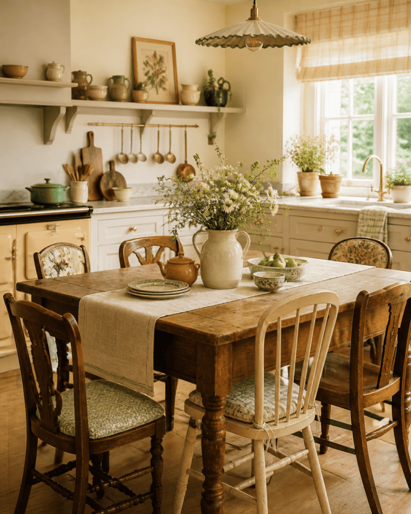 Mismatched wooden dining chairs, a rustic farmhouse table, green patterned dishes, and a ceramic flower pitcher.