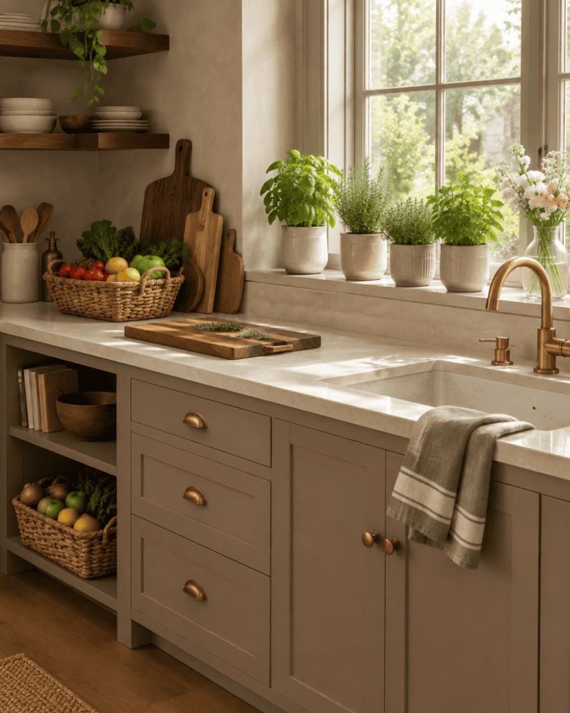Grandmacore kitchen decor ideas with potted herbs, woven produce baskets, wooden cutting boards, and soft taupe kitchen cabinets.