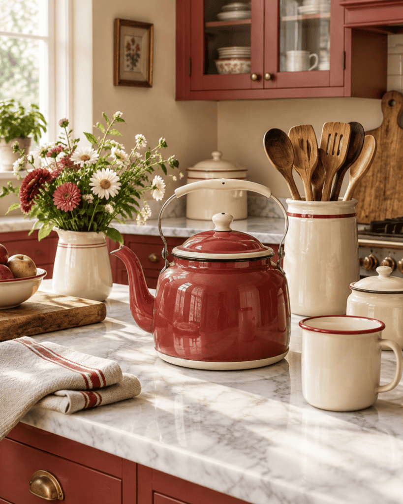 Grandmacore kitchen decor ideas featuring a muted red enamel kettle, cream utensil crock, striped kitchen towels, and fresh flowers.