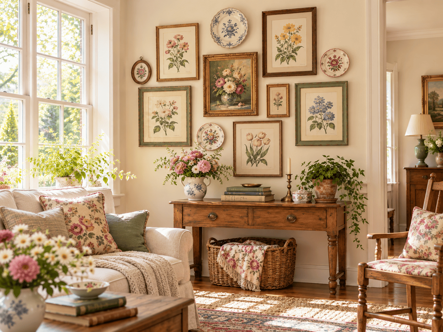 Vintage floral wall decor with botanical prints, floral plates, and framed flower art in a bright cottage living room.