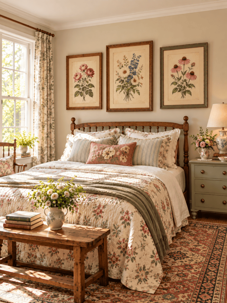 Vintage floral wall decor with three framed botanical prints above a cozy vintage cottage bed.