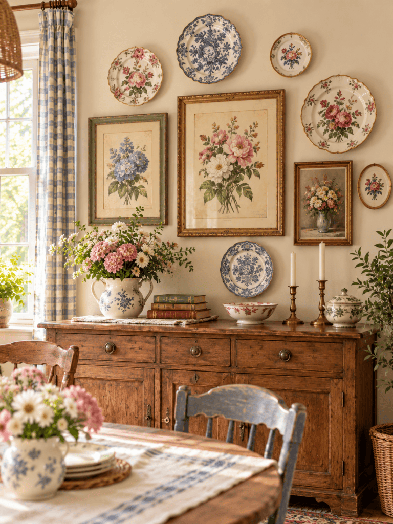 Vintage floral wall decor combining decorative floral plates with framed botanical art above a wooden sideboard.