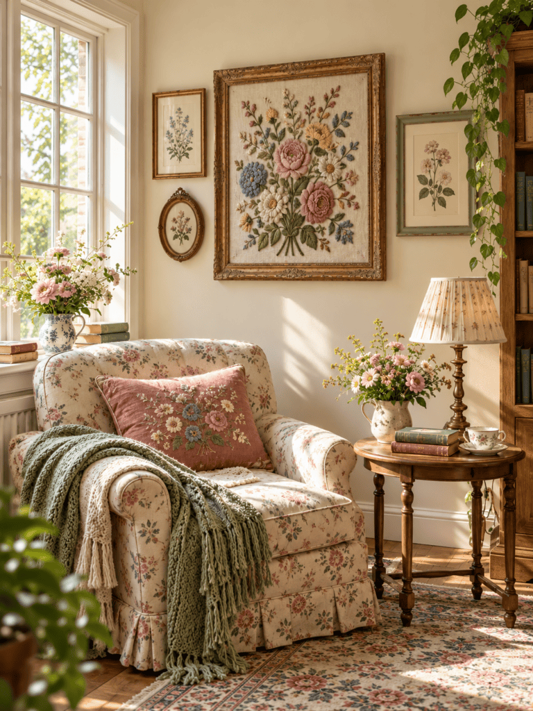 Embroidered floral wall decor displayed with small vintage botanical prints in a cozy cottage reading corner.