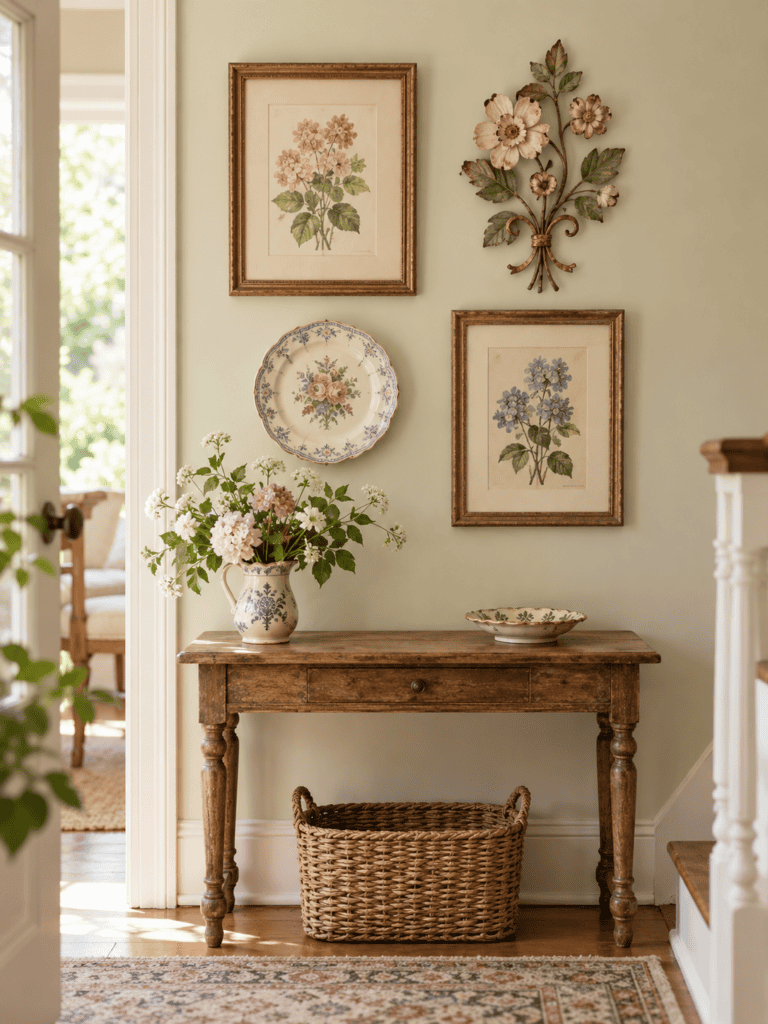 Vintage floral metal wall decor mixed with botanical prints and a decorative floral plate above a cottage console.