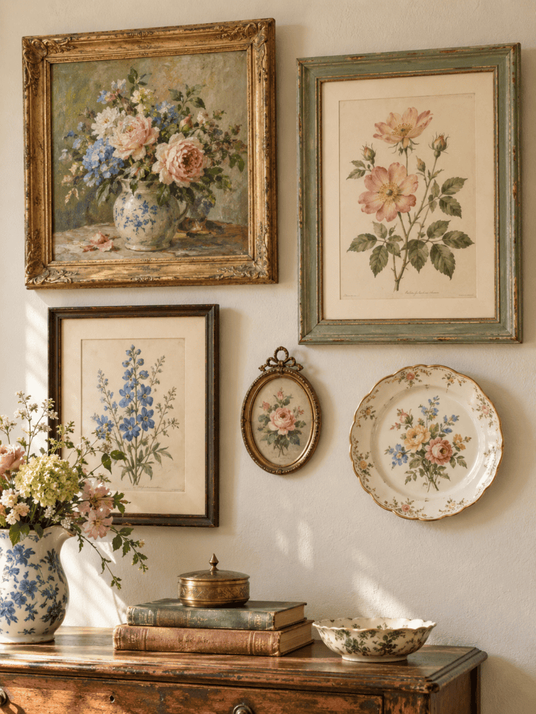 A mismatched antique gold, wood, and sage frames surrounding pictures.