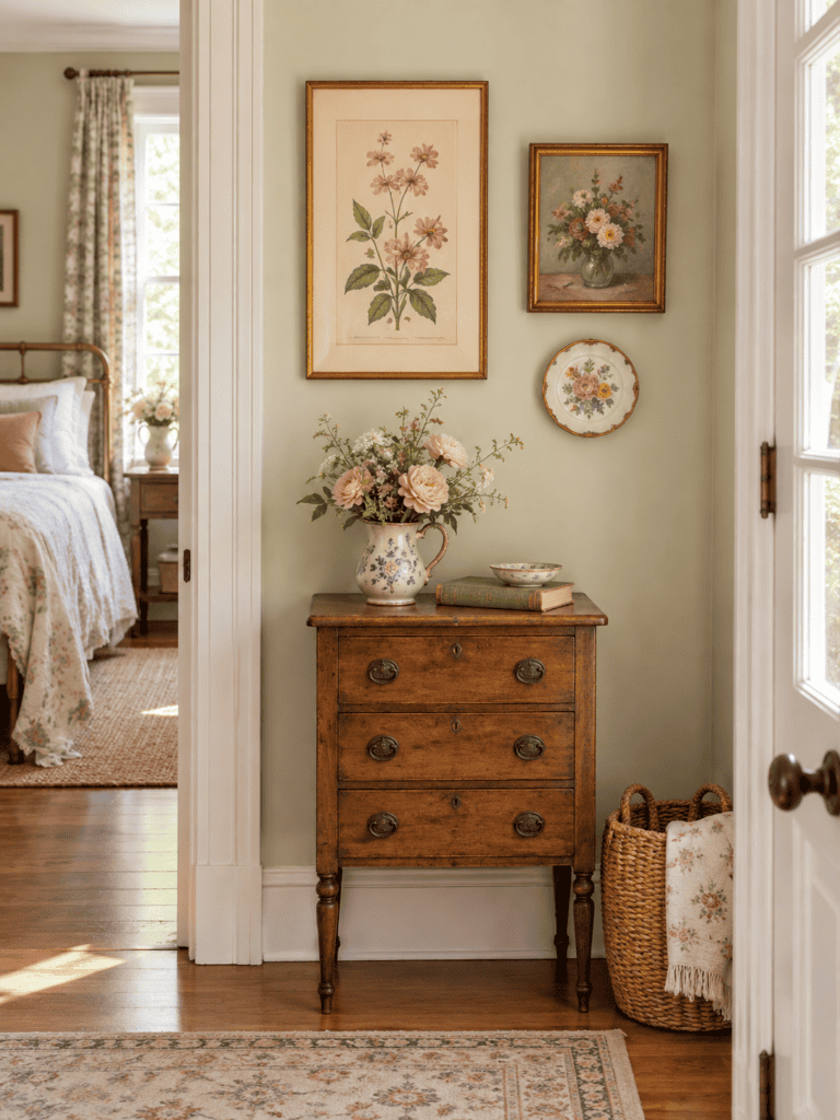 A small cottage hallway with art, a flower painting with a gold frame
