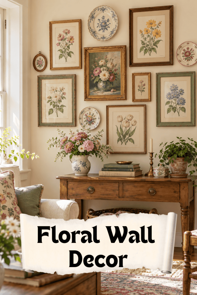A gallery of flower art pieces above a wooden end table.