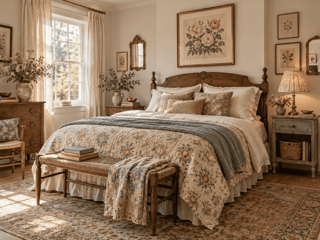 Vintage bedroom decor with a warm wood bed, layered floral bedding, antique-style nightstands, botanical wall art, and soft natural light.
