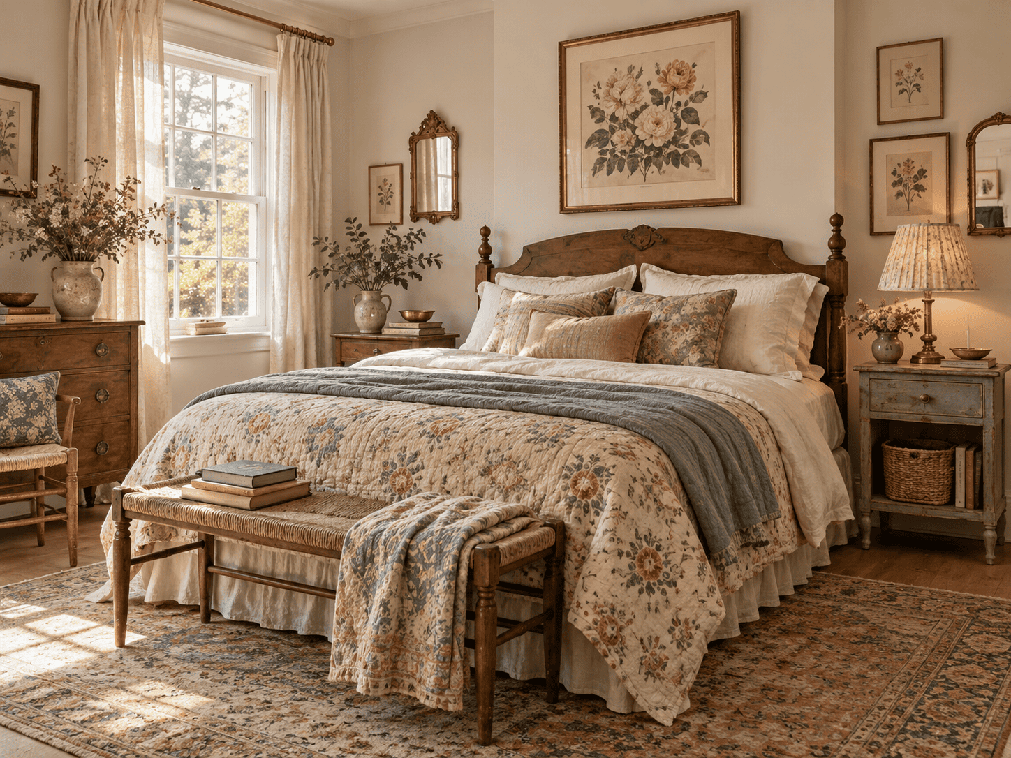 Vintage bedroom decor with a warm wood bed, layered floral bedding, antique-style nightstands, botanical wall art, and soft natural light.