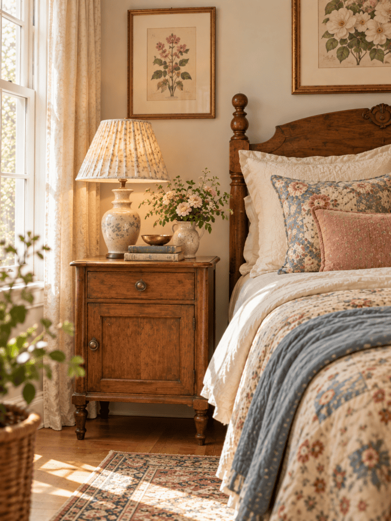 Vintage bedroom decor with a warm wood nightstand, floral lamp, stacked books, soft flowers, and layered cottage-style bedding.