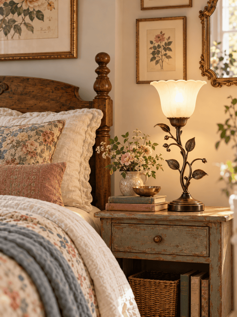 Vintage bedroom decor with a botanical-style bedside lamp, warm wood bed, floral bedding, antique nightstand, and framed botanical art.