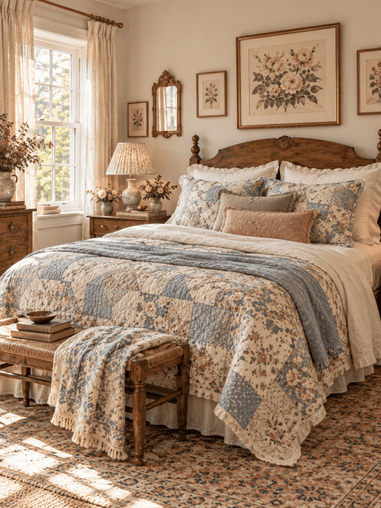 Vintage bedroom decor with a blue floral patchwork quilt, warm wood bed, layered cream bedding, botanical wall art, and cottage-style details.