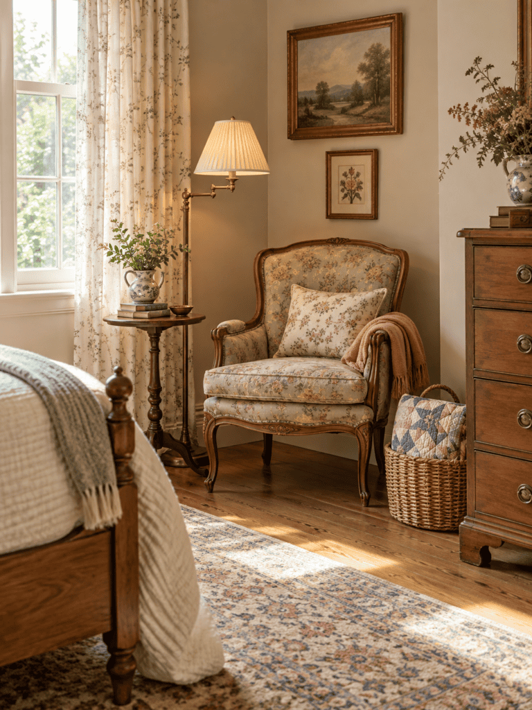 reading corner with a floral upholstered chair, brass floor lamp, side table, woven basket, and folded quilt.