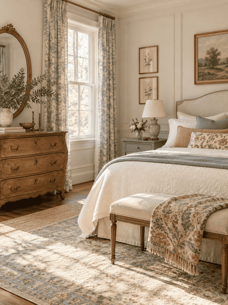 Modern vintage bedroom decor with an upholstered bed, French-style wood dresser, blue floral curtains, botanical art, and antique brass accents.