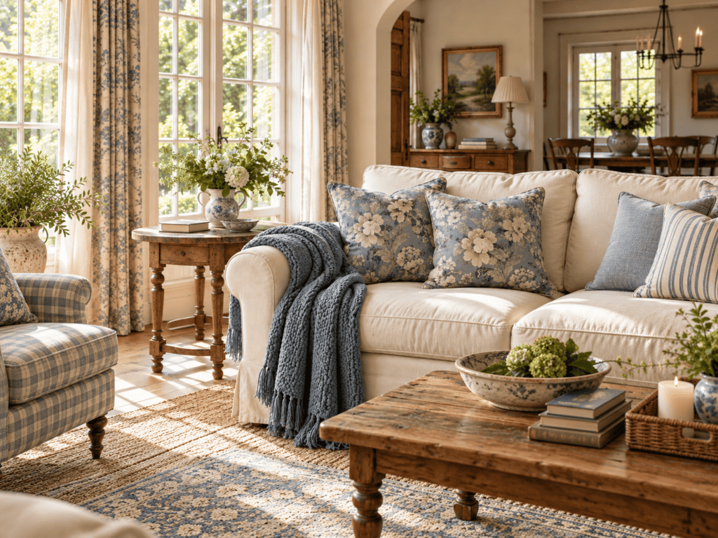Vintage living room decor featuring a cream sofa with dusty blue floral pillows, a cozy knitted throw, antique wood furniture, and soft cottage curtains.