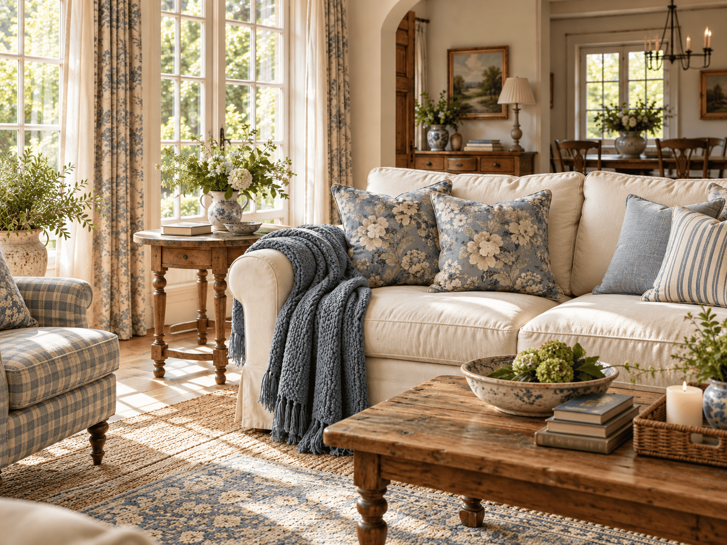 Vintage living room decor featuring a cream sofa with dusty blue floral pillows, a cozy knitted throw, antique wood furniture, and soft cottage curtains.