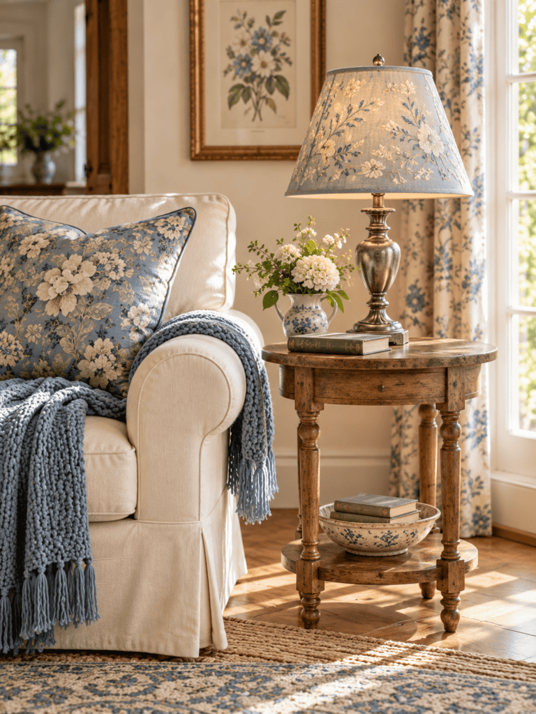 Vintage living room decor with an embroidered table lamp on a small round wooden side table beside a cream sofa with floral pillows.