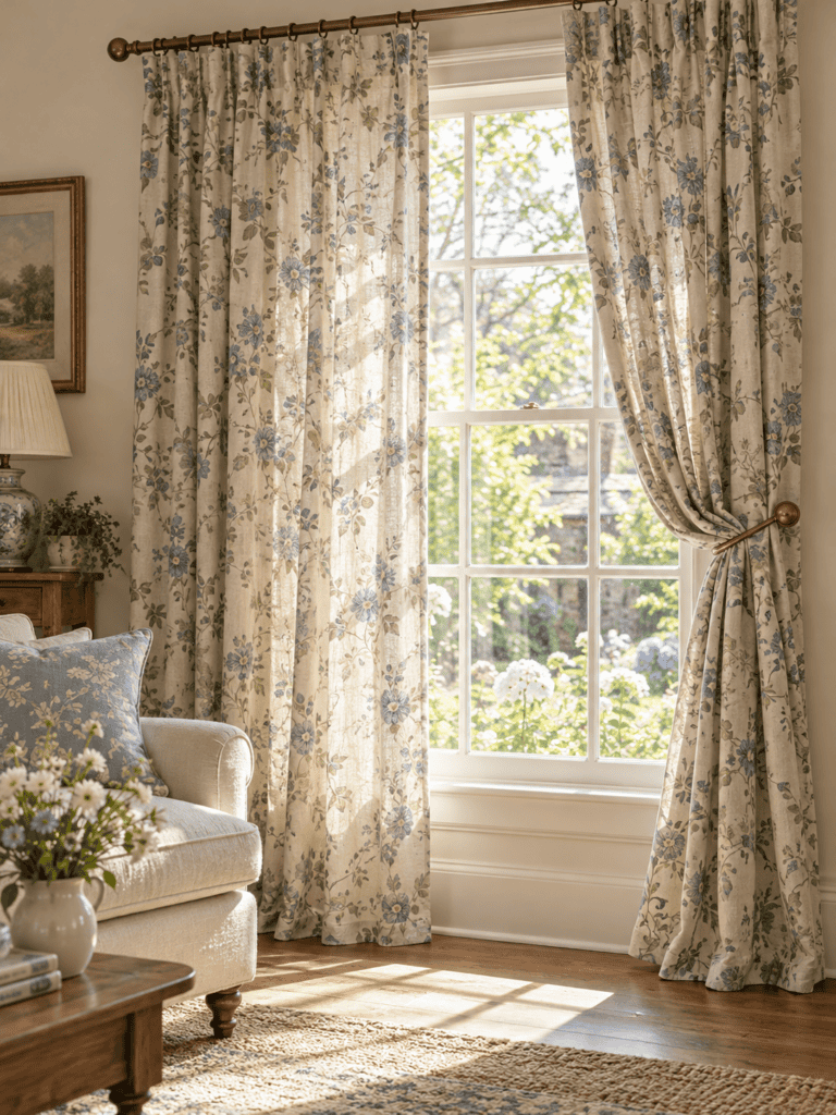Vintage living room decor featuring soft floral cottage curtains, an antique brass curtain rod, and a bright window beside a cream sofa.