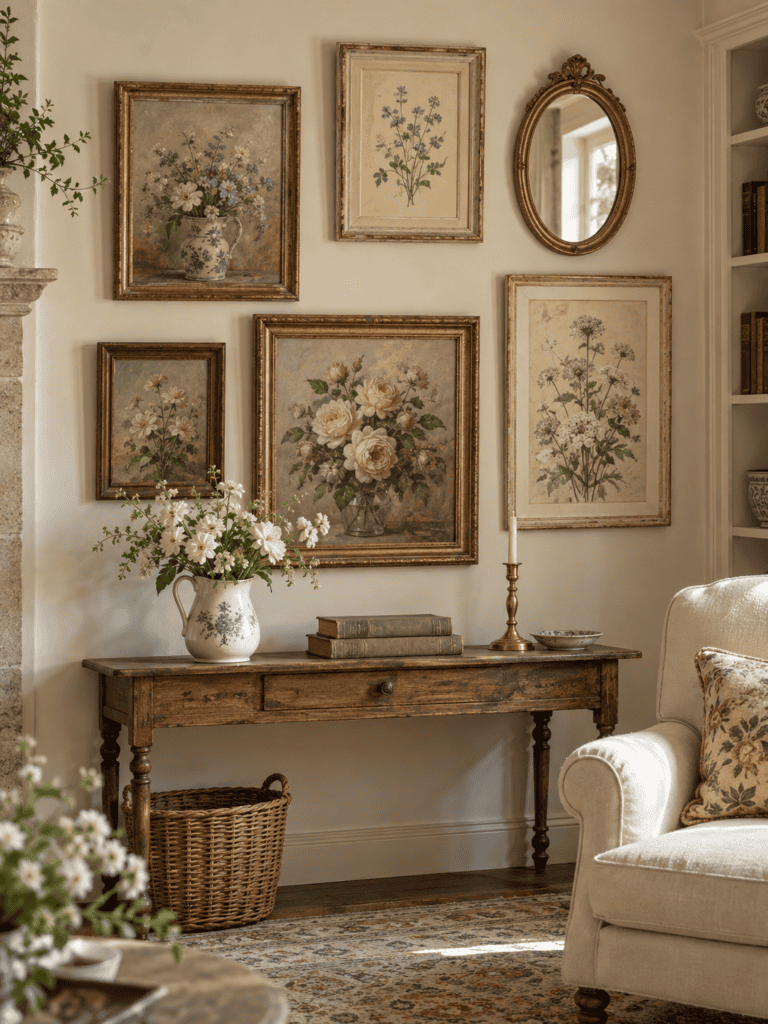 Vintage floral wall art in antique gold and wooden frames above a cottage living room console table with flowers and collected decor.
