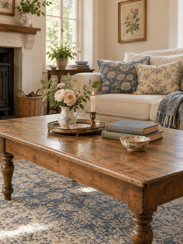 Vintage living room decor with an antique wooden coffee table styled with a brass tray, ceramic vase, garden flowers, and old books.