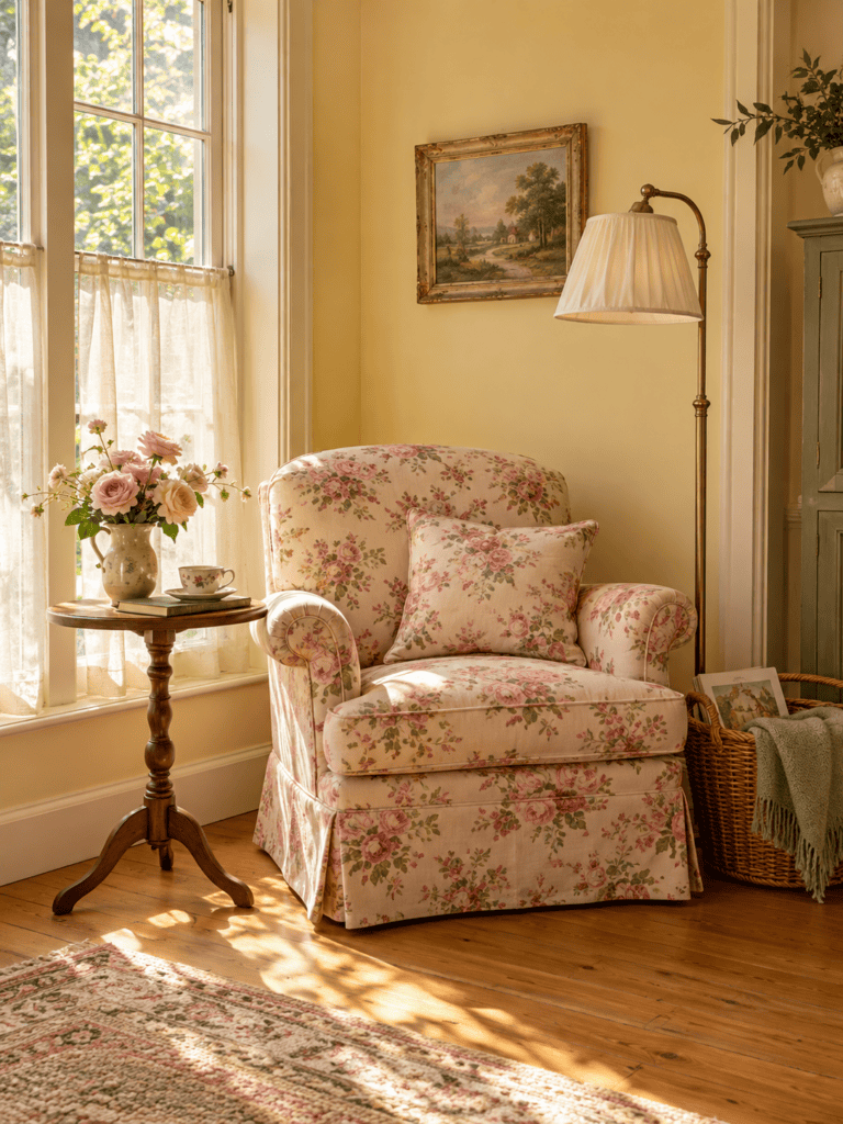 Cozy vintage living room reading corner with a pink floral armchair, butter-yellow walls, antique floor lamp, and small wooden table.