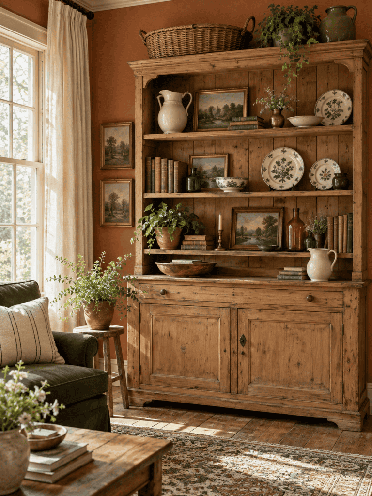 Antique pine shelves displaying ceramic pitchers, old books, floral plates, and collected farmhouse treasures.