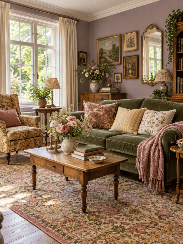 A moss green velvet sofa, lavender walls, floral cushions, antique furniture, and a faded patterned rug.