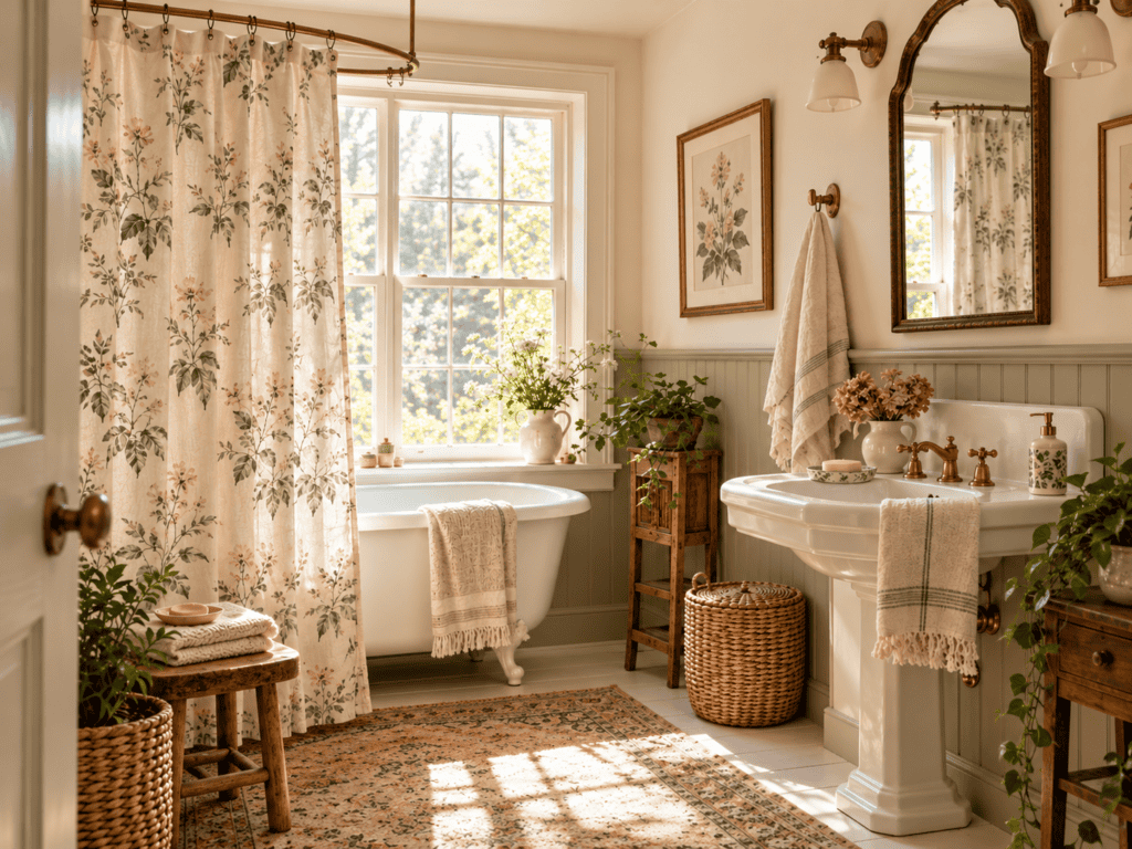 Vintage bathroom decor featuring a floral shower curtain, clawfoot bathtub, sage green beadboard, antique brass fixtures, and cozy cottage accessories.