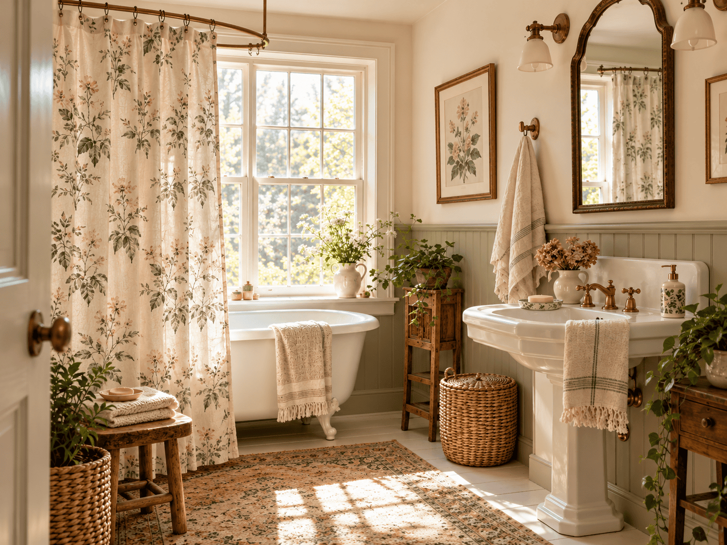 Vintage bathroom decor featuring a floral shower curtain, clawfoot bathtub, sage green beadboard, antique brass fixtures, and cozy cottage accessories.