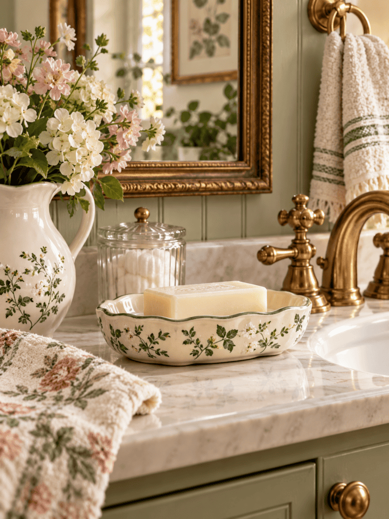 Vintage bathroom decor featuring a scalloped floral ceramic soap dish, antique brass faucet, marble countertop, and cottage-style accessories.