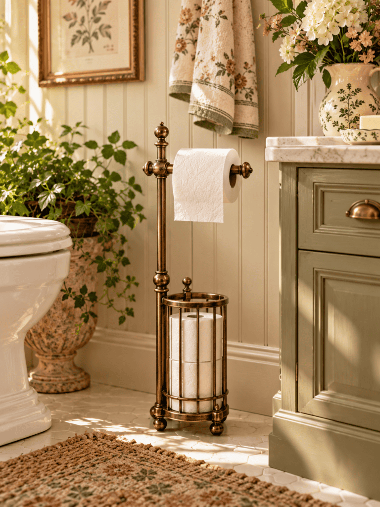 Antique bronze freestanding toilet paper holder with extra-roll storage in floral towels.