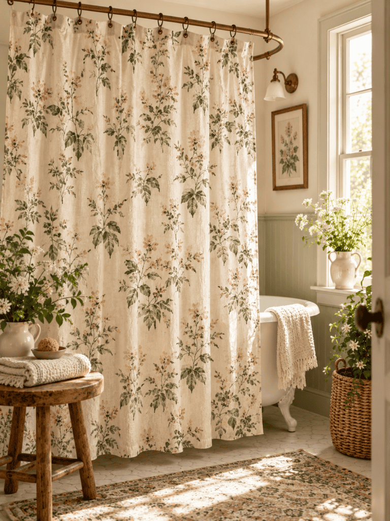 Vintage bathroom decor with a cream botanical floral shower curtain, antique brass curtain rod, clawfoot tub, and soft natural daylight.
