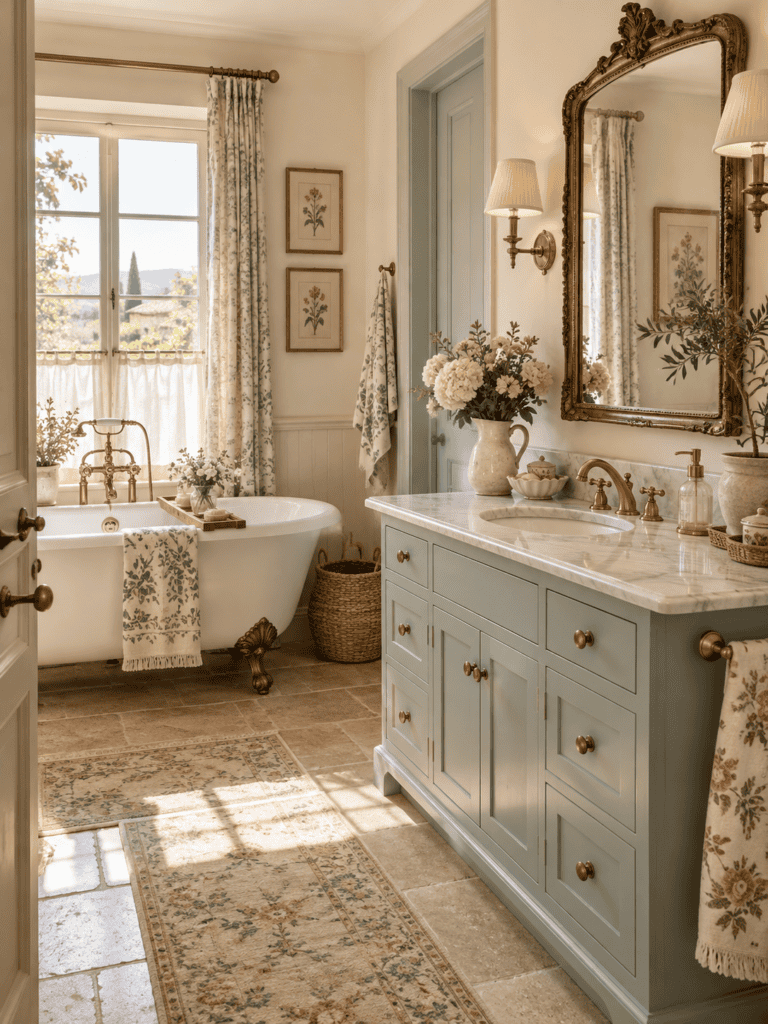 Bright French country bathroom with a pale sage vanity, ornate gold mirror, clawfoot bathtub, floral curtains, and antique brass fixtures.