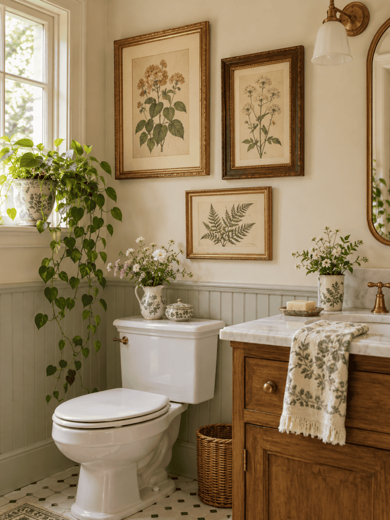 Vintage bathroom decor featuring three framed botanical prints, warm wood vanity, antique gold accents, and cottage-style floral accessories.