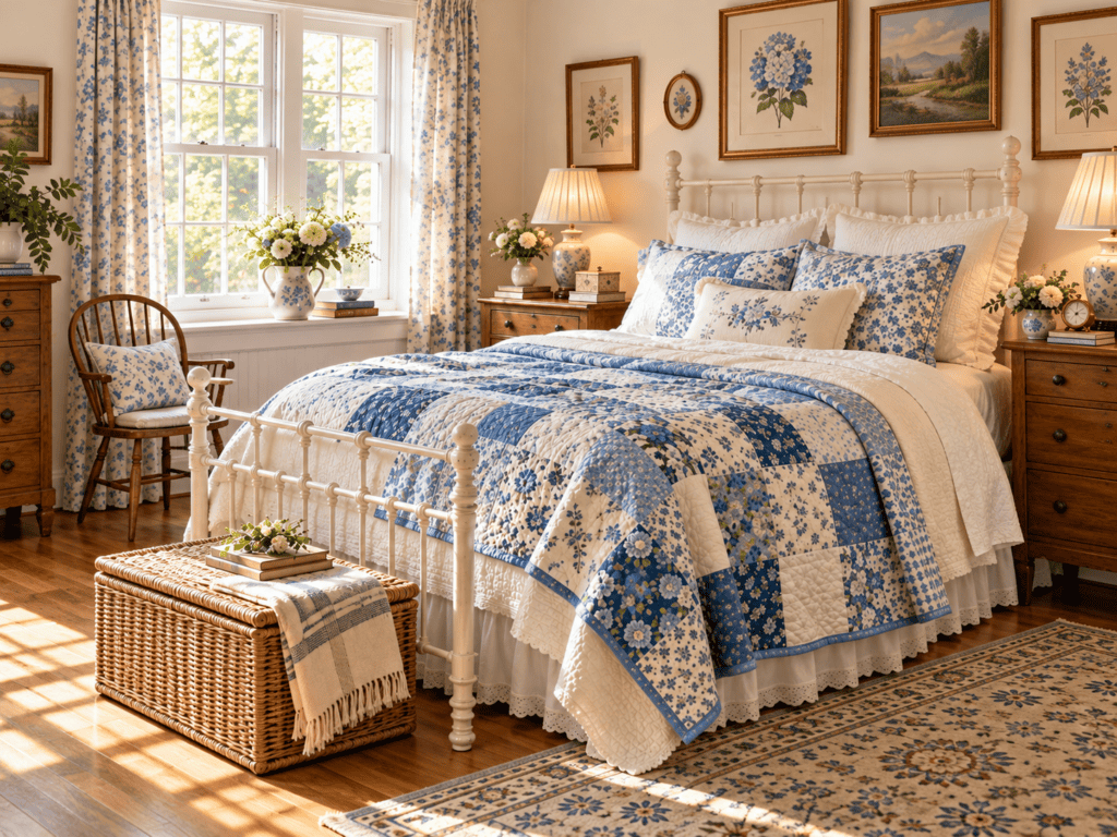 Vintage quilt bedroom ideas featuring a blue floral patchwork quilt, cream iron bed, antique wood furniture, and cozy cottage decor.