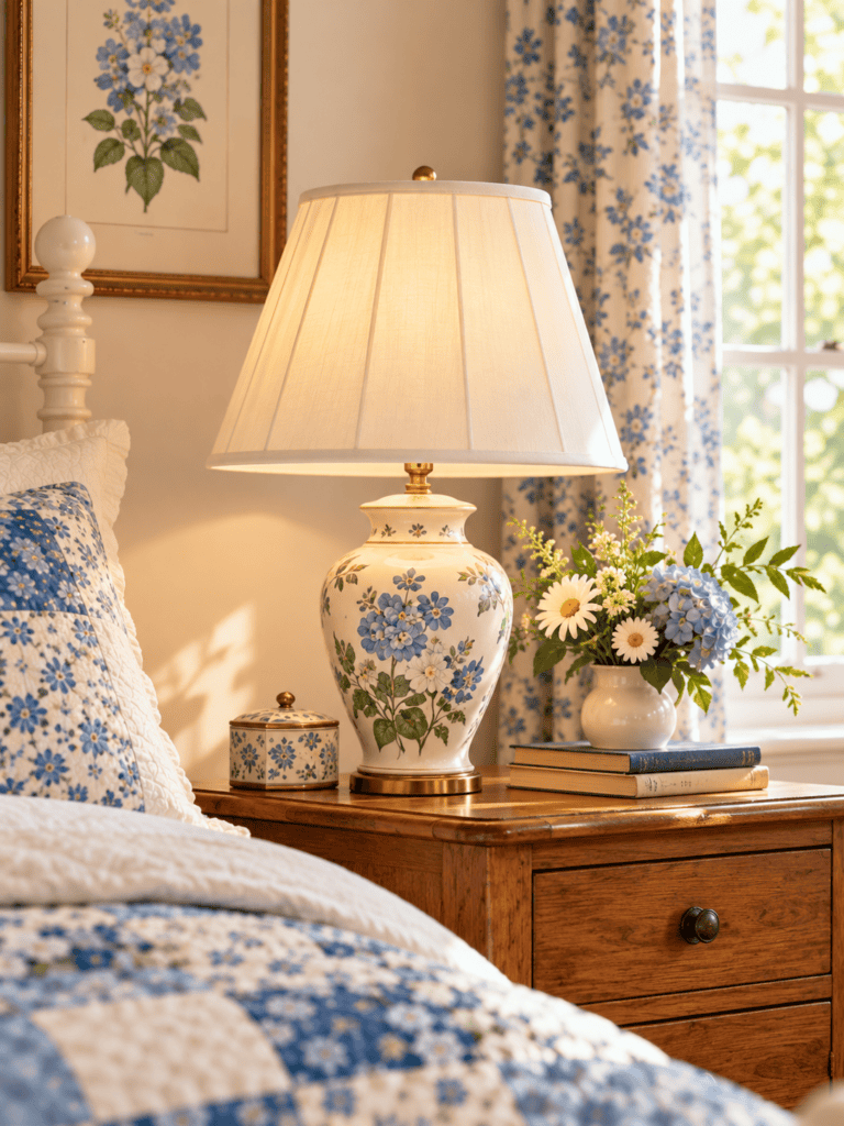 Vintage floral ceramic bedside lamp with a cream pleated shade on an antique wooden nightstand beside a blue patchwork quilt in a cozy cottage bedroom.