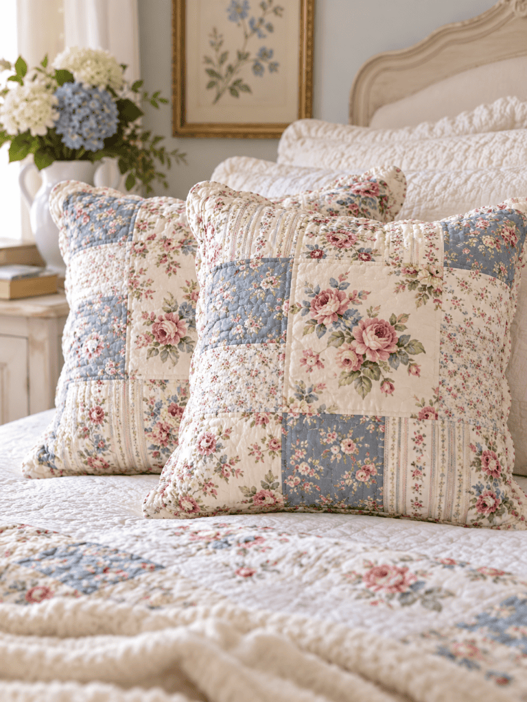 Vintage quilt bedroom ideas featuring floral patchwork pillow covers in dusty blue, soft pink, and cream on a cozy cottage-style bed.