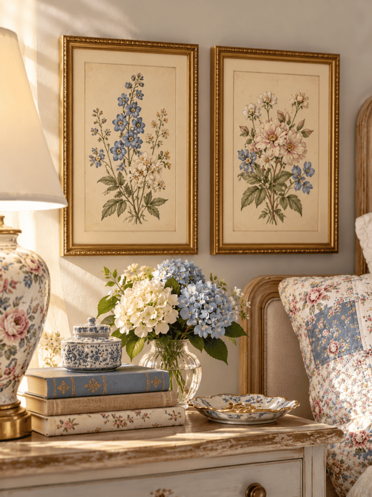Vintage quilt bedroom ideas with framed botanical floral wall art, antique gold frames, a cottage nightstand, and soft blue and pink floral accents.