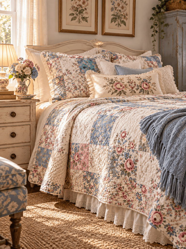 A sleeping area featuring a blue and pink blanket cream carved wooden bed, ruffled pillows, and romance.